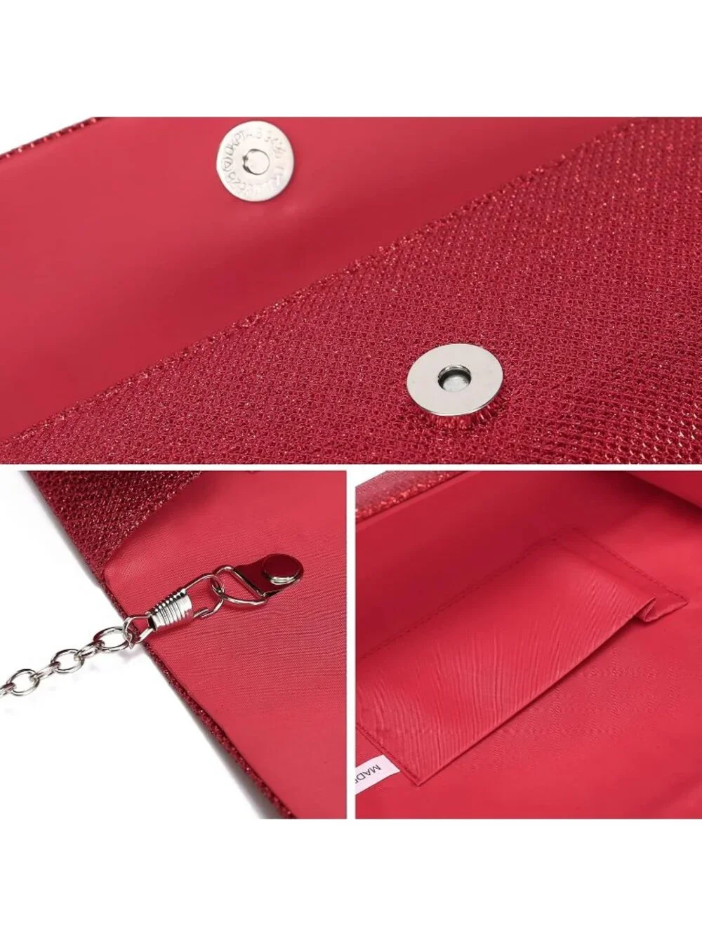 Women's Red Glitter Clutch Purse Evening Bag With Chain For Wedding Handbag